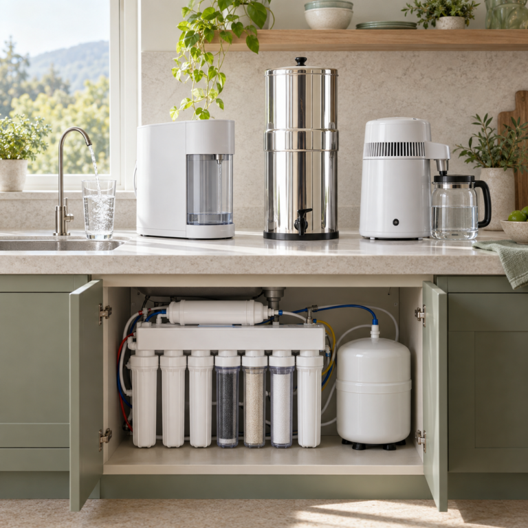 Comparison of household water filtration systems including under-sink reverse osmosis, countertop filter, gravity filter and water distiller